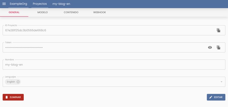 General tab, sobre un proyecto ya creado