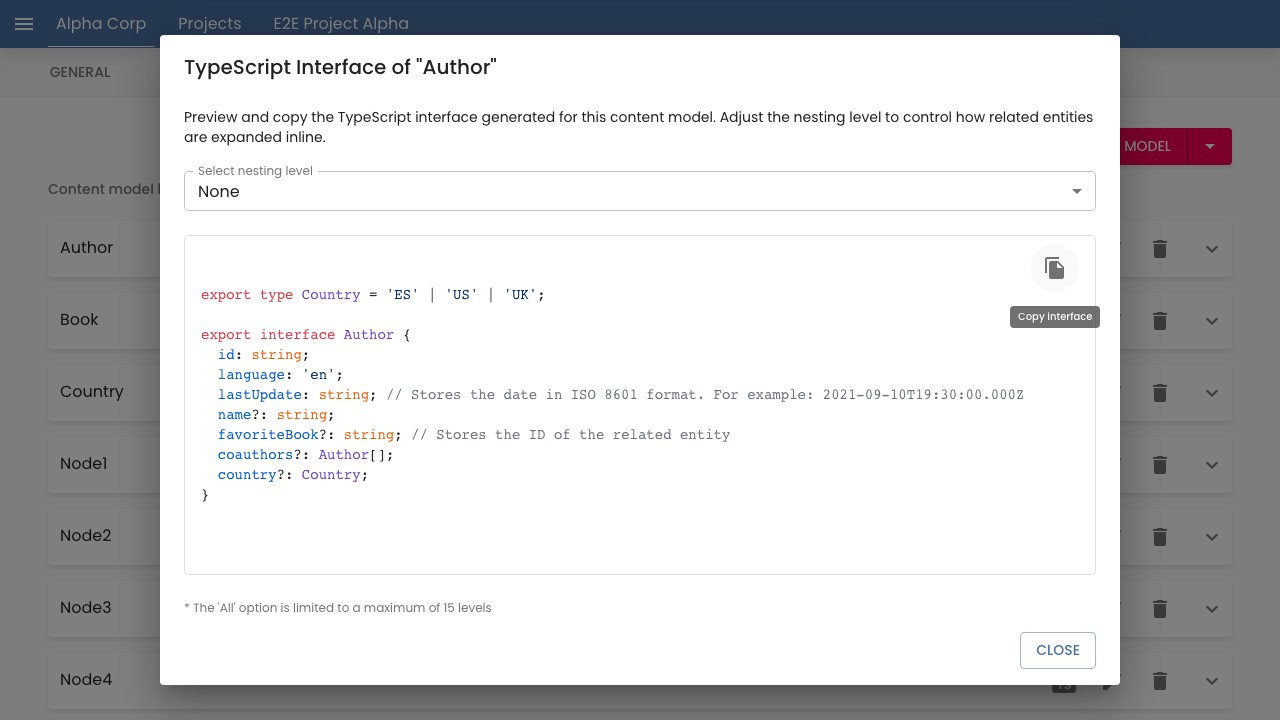 TypeScript Interface modal showing the generated interface for an Author model
