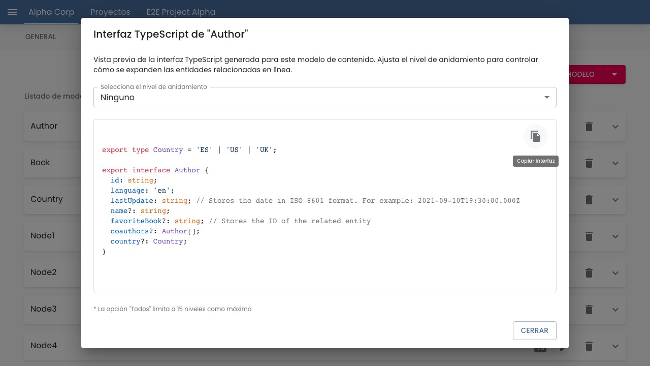 Modal de interfaz TypeScript mostrando la interface generada para el modelo Author