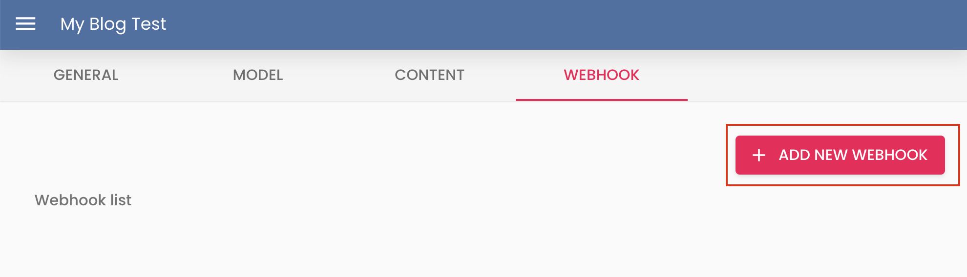 web hook tab vacío con menú de proveedor