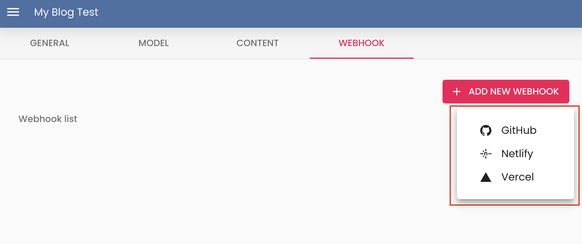 menú desplegable de proveedores de webhook