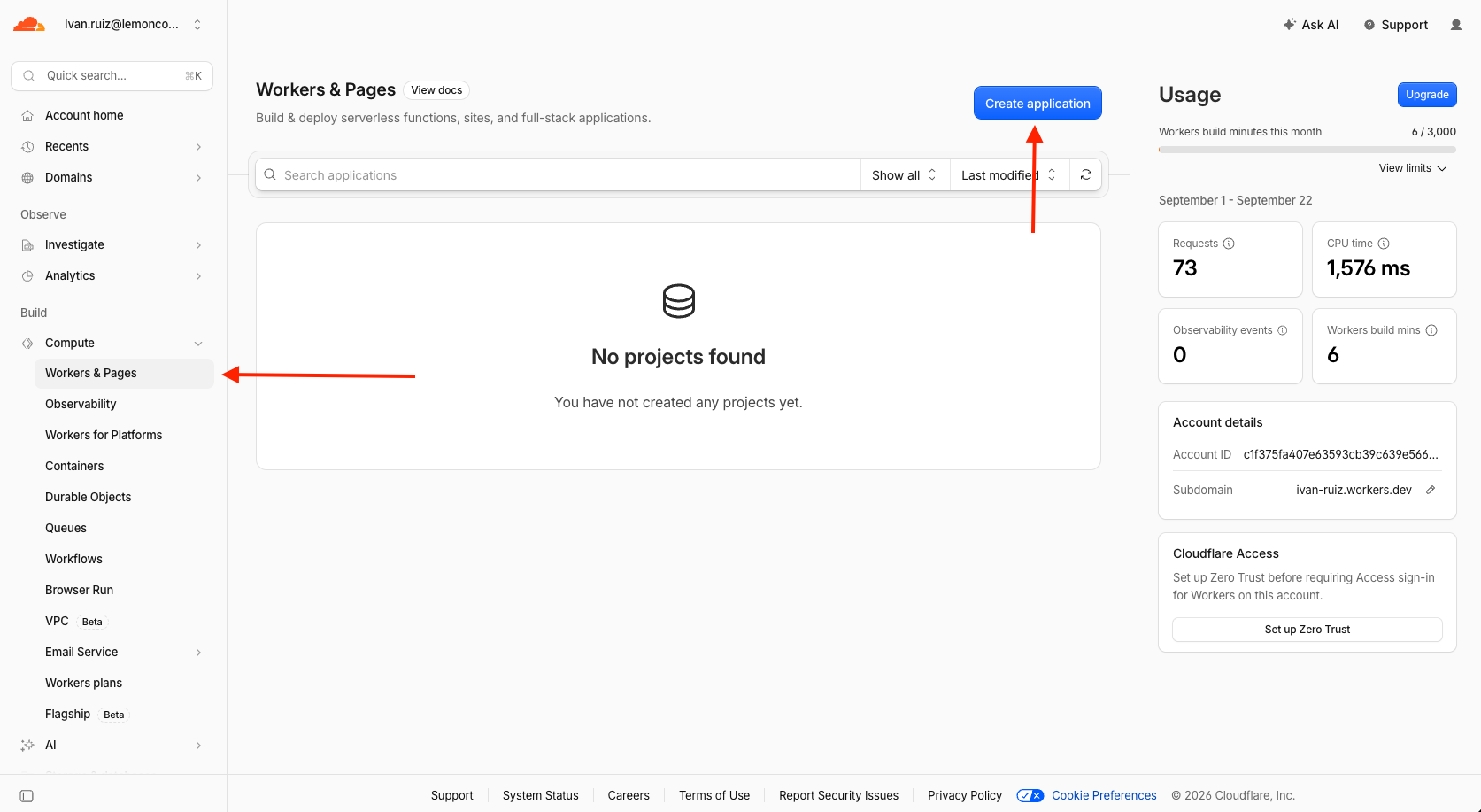 Workers & Pages section of the Cloudflare dashboard with the Create application button