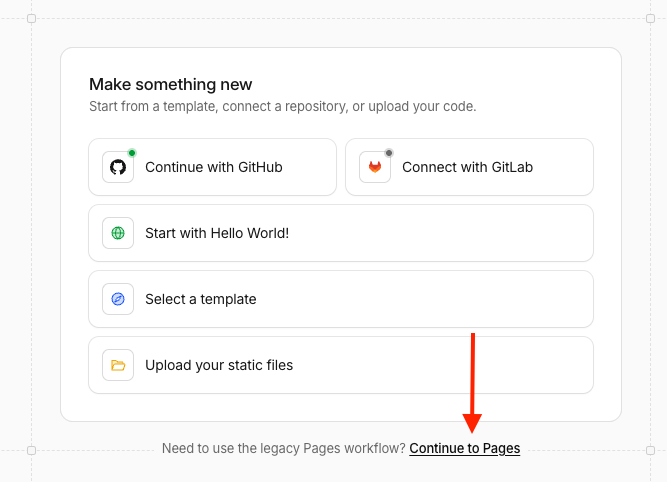 Continue to Pages link at the bottom of the Make something new screen