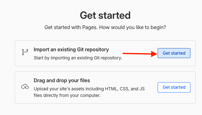 Cloudflare Pages Get started screen with the option to import a Git repository