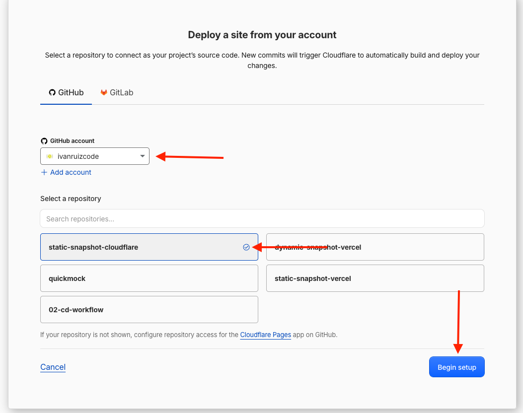 GitHub account and repository selection in Cloudflare Pages