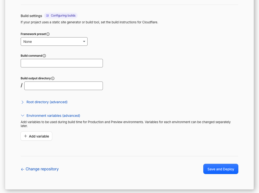 Cloudflare Pages Build settings section with empty fields