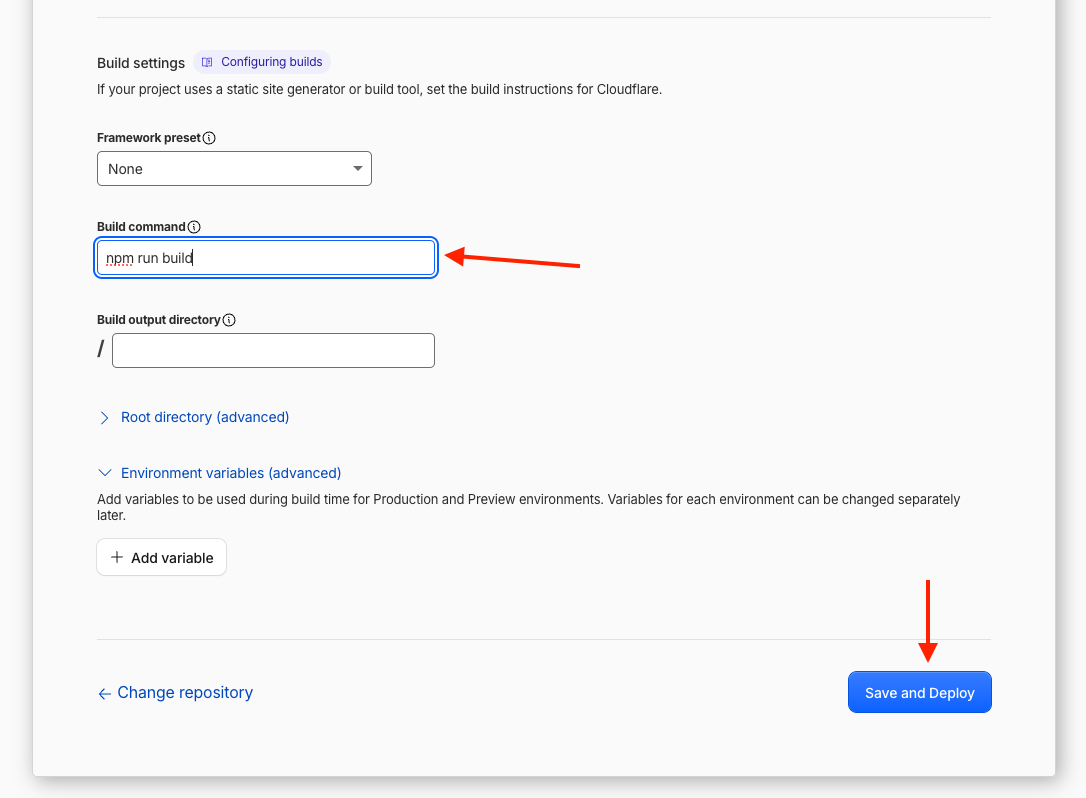 Build command field with the value npm run build
