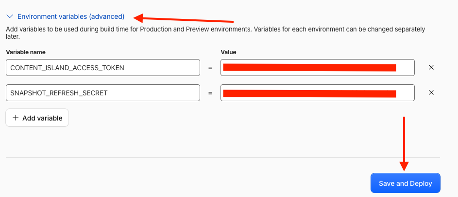 CONTENT_ISLAND_ACCESS_TOKEN and SNAPSHOT_REFRESH_SECRET environment variables in Cloudflare Pages