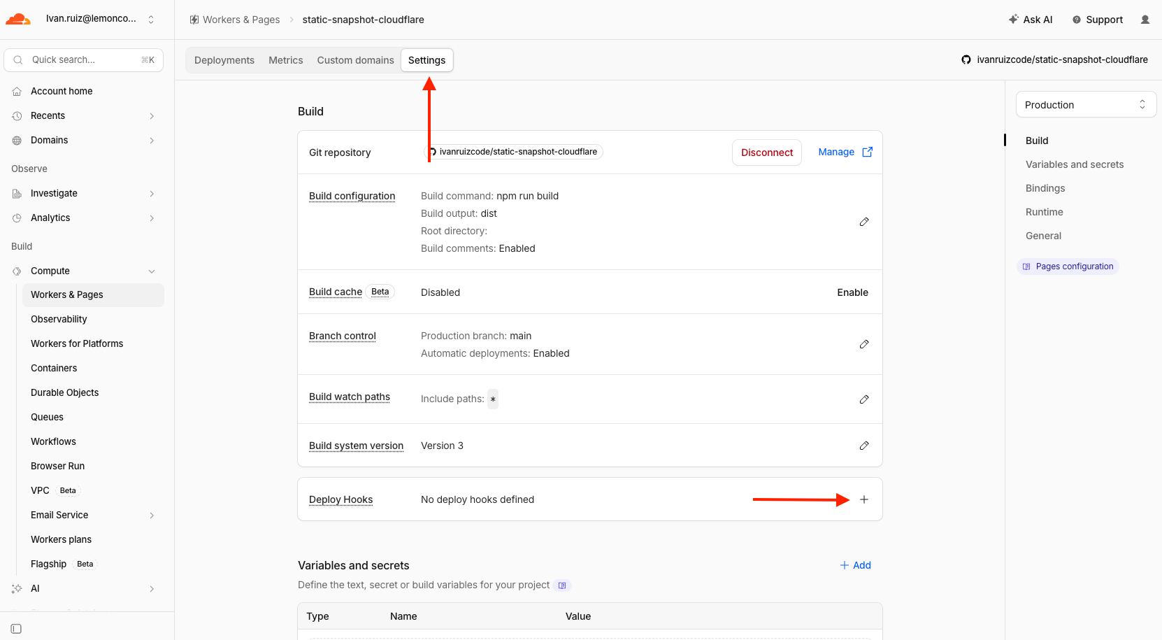Project Settings tab with the Deploy Hooks row and the button to add one