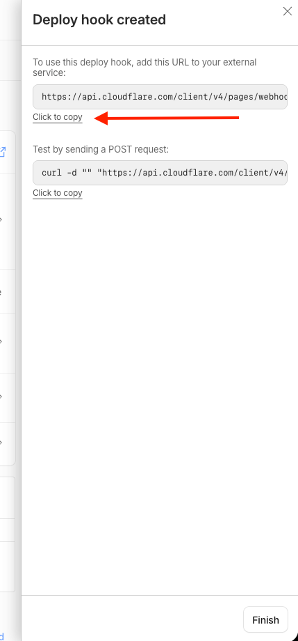 Deploy hook created panel with the hook URL and the link to copy it