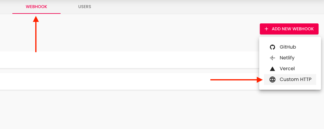 Content Island Add New Webhook menu with the Custom HTTP option