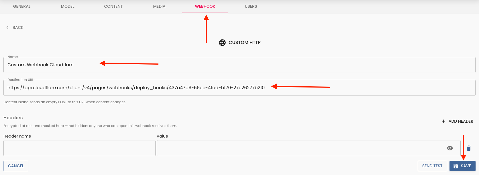 Content Island Custom HTTP Webhook form with the Cloudflare deploy hook URL