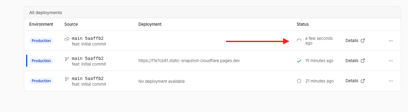 Cloudflare Pages deployment list with a new deployment triggered by the deploy hook