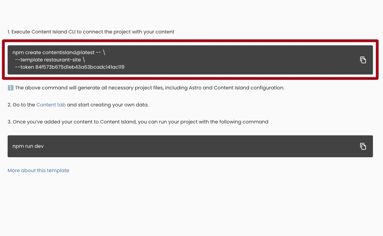 Quick Start CLI command for the Restaurant template